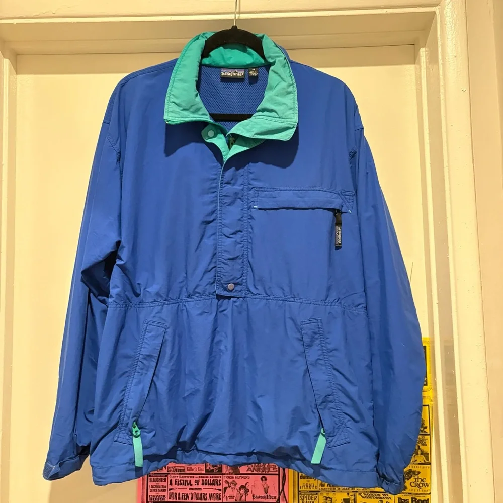 Vintage 90s Patagonia Nylon Blue 1/2 Snap Zip Windbreaker Colorblock Jacket